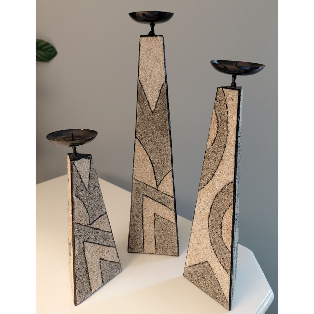 Art Deco Trio Candle Holders Pyramid Shape Pebbled